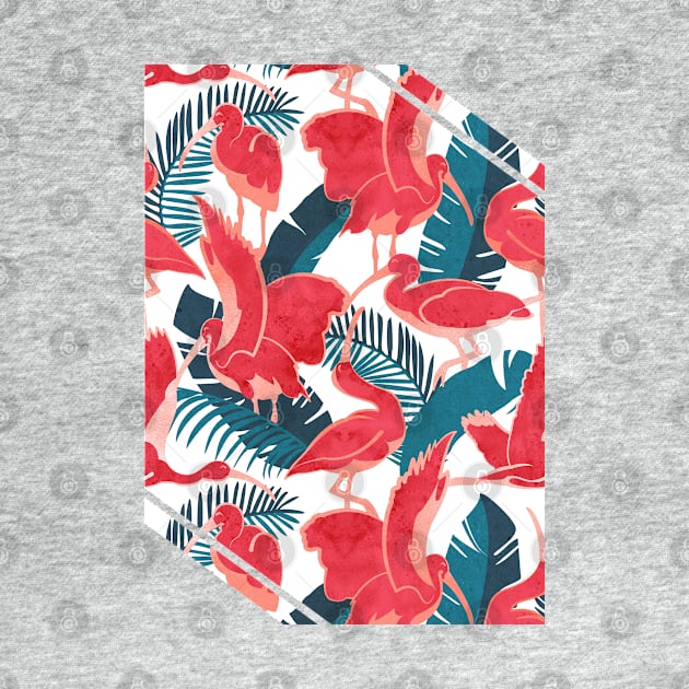 Luxurious Scarlet Ibis // white background teal vegetation metal rose and red guará large birds by SelmaCardoso